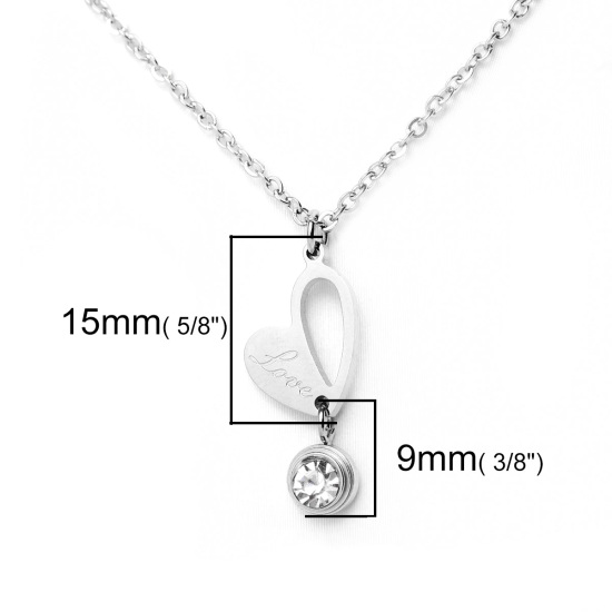 Imagen de Acero Inoxidable Collares Tono de Plata Corazón Hueco Transparente Rhinestone 46cm longitud, 1 Unidad