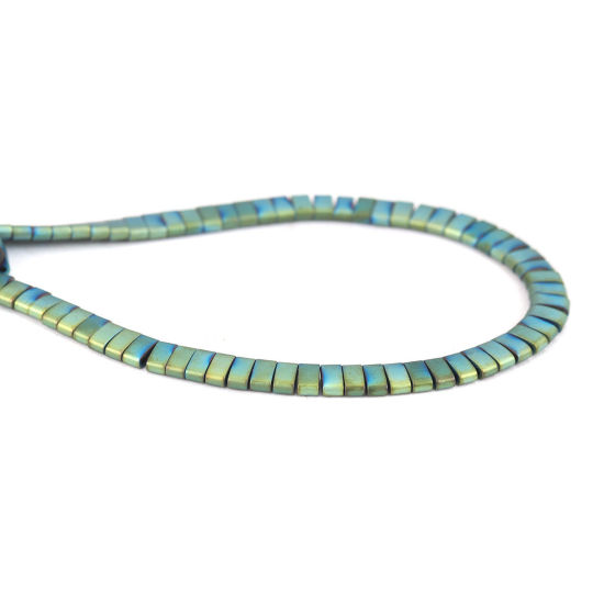 Picture of (Grade B) Hematite ( Natural ) Beads Two Holes Rectangle Green Blue Matte About 5mm x 2mm, Hole: Approx 1mm, 41cm(16 1/8") - 40.5cm(16") long, 1 Strand (Approx 168 PCs/Strand)