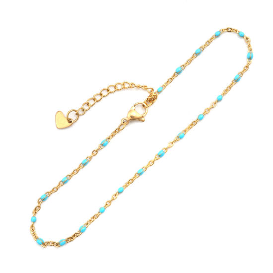 Picture of 1 Piece Vacuum Plating 304 Stainless Steel Enamel Anklet Gold Plated Light Blue 23cm(9") long