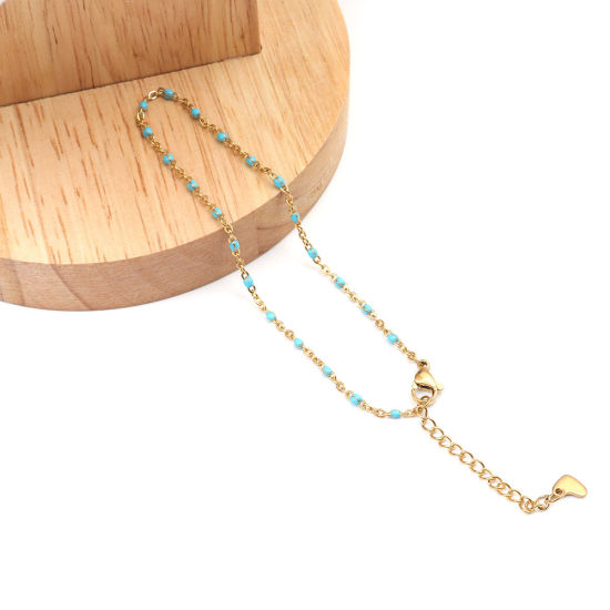 Picture of 1 Piece Vacuum Plating 304 Stainless Steel Enamel Anklet Gold Plated Light Blue 23cm(9") long