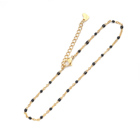 Picture of 1 Piece Vacuum Plating 304 Stainless Steel Enamel Anklet Gold Plated Black Round 23cm(9") long