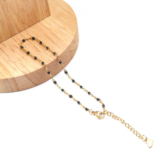Picture of 1 Piece Vacuum Plating 304 Stainless Steel Enamel Anklet Gold Plated Black Round 23cm(9") long