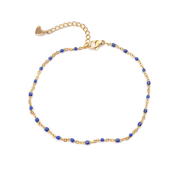 Picture of 1 Piece Vacuum Plating 304 Stainless Steel Enamel Anklet Gold Plated Blue Round 23cm(9") long