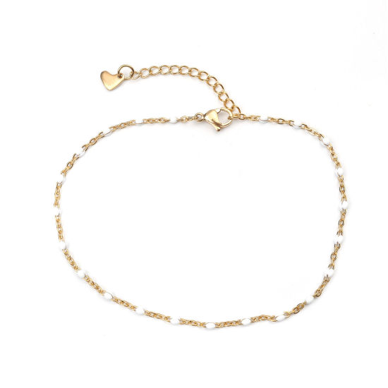 Picture of 1 Piece Vacuum Plating 304 Stainless Steel Enamel Anklet Gold Plated White Round 23cm(9") long