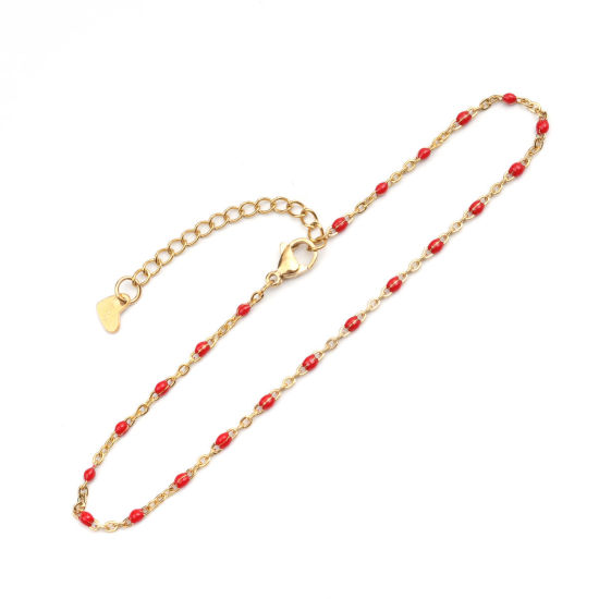 Picture of 1 Piece Vacuum Plating 304 Stainless Steel Enamel Anklet Gold Plated Red Round 23cm(9") long