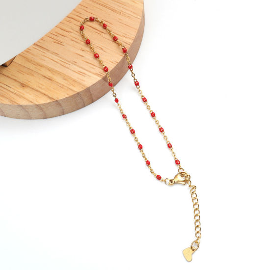 Picture of 1 Piece Vacuum Plating 304 Stainless Steel Enamel Anklet Gold Plated Red Round 23cm(9") long