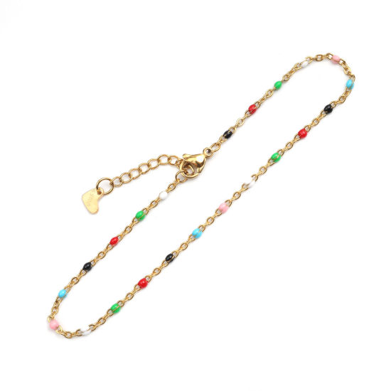Picture of 1 Piece Vacuum Plating 304 Stainless Steel Enamel Anklet Gold Plated Mixed Color Round 23cm(9") long
