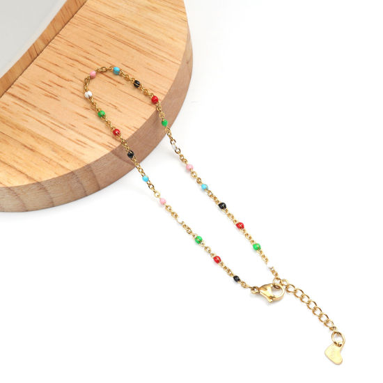 Picture of 1 Piece Vacuum Plating 304 Stainless Steel Enamel Anklet Gold Plated Mixed Color Round 23cm(9") long