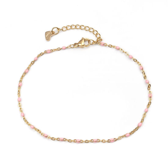 Picture of 1 Piece Vacuum Plating 304 Stainless Steel Enamel Anklet Gold Plated Pink Round 23cm(9") long