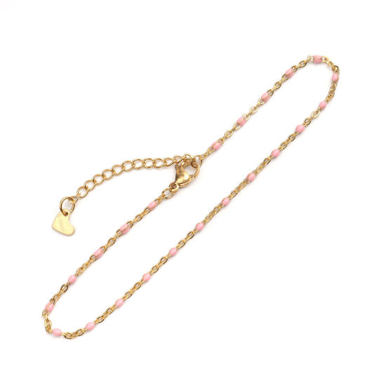 Picture of 1 Piece Vacuum Plating 304 Stainless Steel Enamel Anklet Gold Plated Pink Round 23cm(9") long