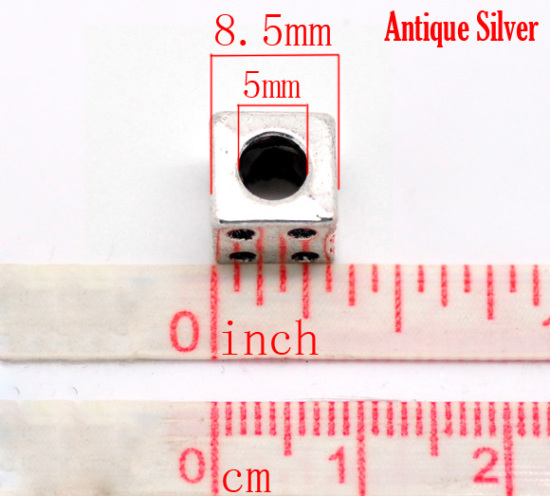 Immagine di Lega di Zinco Perline di Fascino con Foro Grande in Stile Europeo Argento Antico Dadi 8.5mm x 8.5mm, Foro:Circa 5mm, 20 Pz