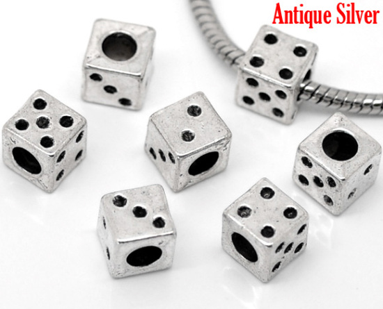 Immagine di Lega di Zinco Perline di Fascino con Foro Grande in Stile Europeo Argento Antico Dadi 8.5mm x 8.5mm, Foro:Circa 5mm, 20 Pz