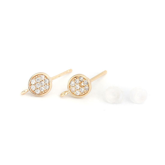 Immagine di Ottone & Argento Sterling Orecchini a Perno 18K Vero Oro Placcato Tondo Trasparente Strass 8mm x 5mm, Dimensione di Posta / Cavo: (21 misura), 4 Pz