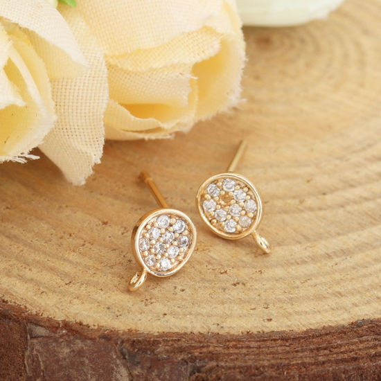 Immagine di Ottone & Argento Sterling Orecchini a Perno 18K Vero Oro Placcato Tondo Trasparente Strass 8mm x 5mm, Dimensione di Posta / Cavo: (21 misura), 4 Pz