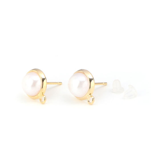 Immagine di Ottone Orecchini a Perno 18K Vero Oro Placcato Tondo Perla Imitato Acrilico 13mm x 10mm, Dimensione di Posta / Cavo: (20 misura), 10 Pz