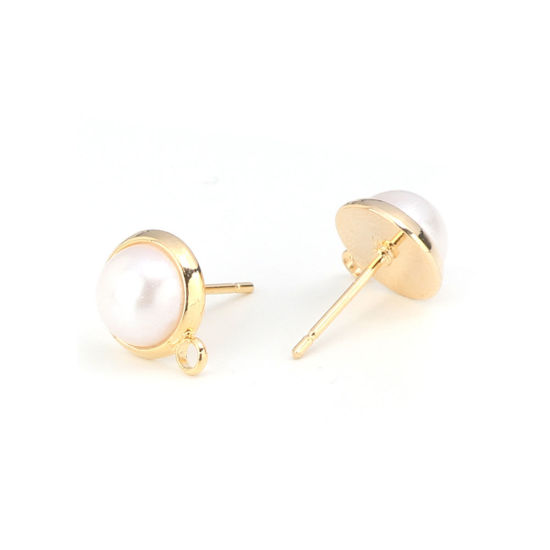 Immagine di Ottone Orecchini a Perno 18K Vero Oro Placcato Tondo Perla Imitato Acrilico 13mm x 10mm, Dimensione di Posta / Cavo: (20 misura), 10 Pz