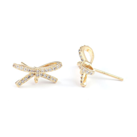 Immagine di Ottone Orecchini a Perno 18K Vero Oro Placcato Cravatta a Farfalla W/ Loop Trasparente Strass 15mm x 7mm, Dimensione di Posta / Cavo: (21 misura), 4 Pz