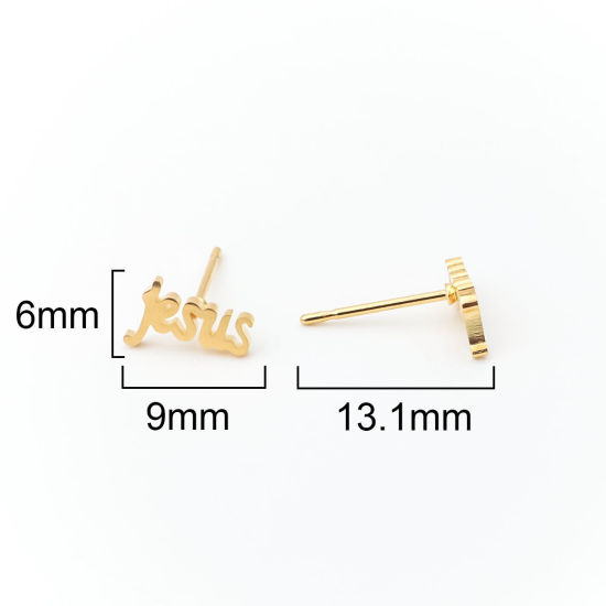 Image de Boucles d'Oreilles Puces en Acier Inoxydable Doré jesus 9mm x 6mm , Epaisseur de Fil: (21 gauge), 12 Paires