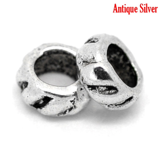 Picture of Zinc Metal Alloy European Style Large Hole Charm Beads Round Antique Silver Carved About 9mm Dia., Hole: Approx 5mm, 60 PCs