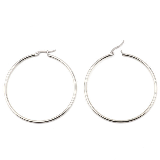 Picture of 304 Stainless Steel Hoop Earrings Silver Tone Circle Ring 5.4cm Dia., 2 PCs