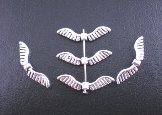 Picture of Zinc Based Alloy Spacer Beads Angel Wing Antique Silver Color Stripe Carved About 26mm x 7mm, Hole:Approx 1.5mm, 60 PCs