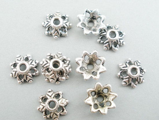 Imagen de Zamak Tapón de cuentas Flor Plata Antigua Hoja (Apta la Cuenta: 8mm-12mm Dia.) 9mm x 3mm, 150 Unidades