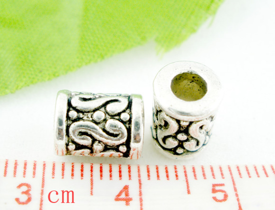 Bild von Zinklegierung Zwischenperlen Spacer Perlen Zylinder Antiksilber Buchstabe Geschnitzt ca. 9mm x 7mm, Loch:ca. 3.6mm, 30 Stück