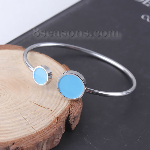 Immagine di 304 Acciaio Inossidabile Aprire Braccialetti Tono Argento Azzurro Tondo Elastico 18.3cmLunghezza, 1 Pz