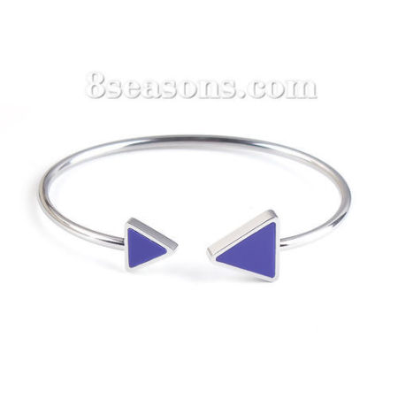 304 Acero Inoxidable Abierta Cuff Brazaletes Pulseras Tono de Plata Azul Oscuro Punta de Flecha Elástico 18.3cm longitud, 1 Unidad