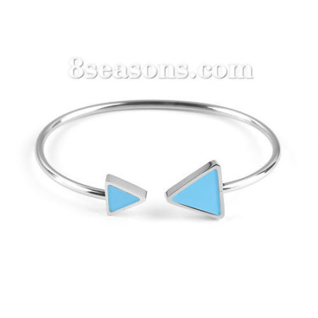 304 Acero Inoxidable Abierta Cuff Brazaletes Pulseras Tono de Plata Azul Cielo Punta de Flecha Elástico 18.3cm longitud, 1 Unidad