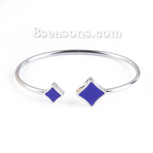 Picture of 304 Stainless Steel Open Cuff Bangles Bracelets Silver Tone Deep Blue Rhombus Elastic 18.3cm(7 2/8") long, 1 Piece