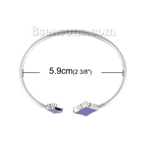 Picture of 304 Stainless Steel Open Cuff Bangles Bracelets Silver Tone Deep Blue Rhombus Elastic 18.3cm(7 2/8") long, 1 Piece