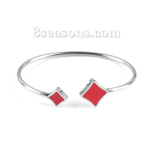 Image de Bracelet Manchette Jonc Semi-Ouvert en 304 Acier Inoxydable Losange Elastique Rouge Argent Mat 18.3cm 1 Pièce