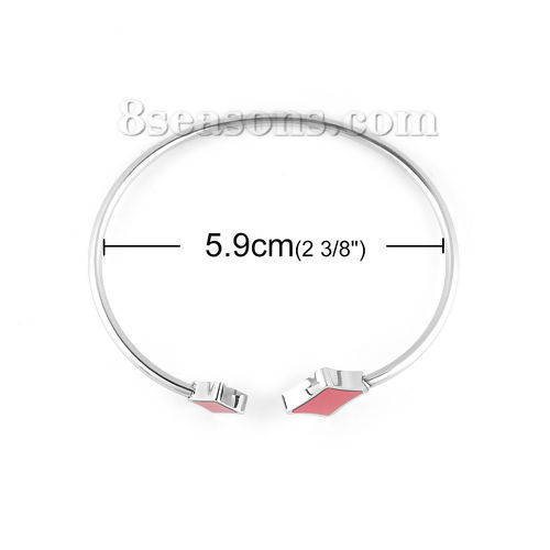 Image de Bracelet Manchette Jonc Semi-Ouvert en 304 Acier Inoxydable Losange Elastique Rouge Argent Mat 18.3cm 1 Pièce