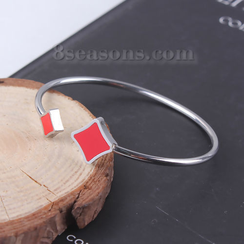 Image de Bracelet Manchette Jonc Semi-Ouvert en 304 Acier Inoxydable Losange Elastique Rouge Argent Mat 18.3cm 1 Pièce