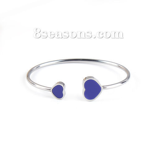 Imagen de 304 Acero Inoxidable Abierta Cuff Brazaletes Pulseras Tono de Plata Azul Oscuro Corazón Elástico 18cm longitud, 1 Unidad