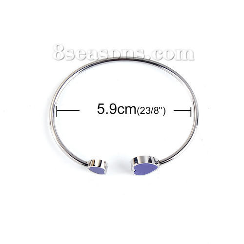 Imagen de 304 Acero Inoxidable Abierta Cuff Brazaletes Pulseras Tono de Plata Azul Oscuro Corazón Elástico 18cm longitud, 1 Unidad