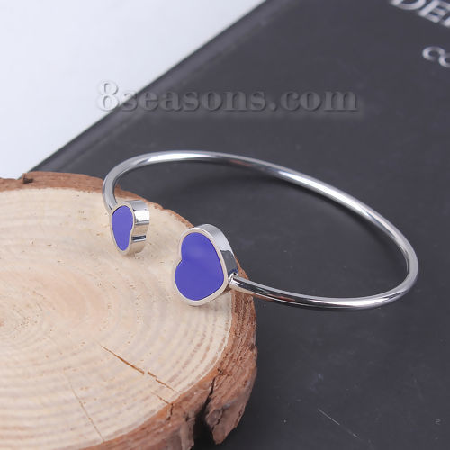 Imagen de 304 Acero Inoxidable Abierta Cuff Brazaletes Pulseras Tono de Plata Azul Oscuro Corazón Elástico 18cm longitud, 1 Unidad