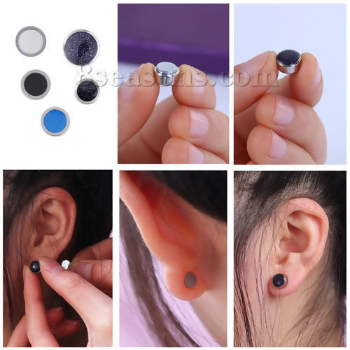 Imagen de 304 Acero Inoxidable Pendientes Magnéticos Altos Tono de Plata Blanco Ronda Esmalte 8mm Dia., 1 Unidad