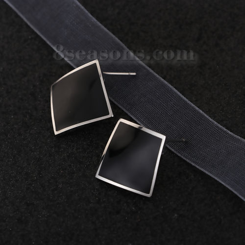 Immagine di 304 Acciaio Inossidabile Orecchini a Perno Tono Argento Nero Rombo Smalto 21mm x 12mm, Posta / Filo Dimensione: (21 misura), 1 Paio