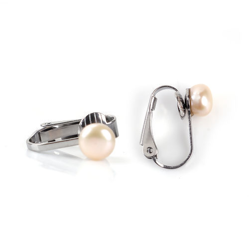 Immagine di 316 Perle di Acqua Dolce Clip Orecchio Tono Argento Champagne Pallido 17mm x 6mm, 1 Paio”