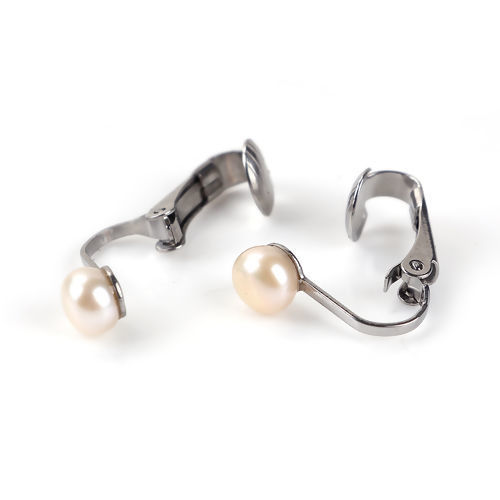 Immagine di 316 Perle di Acqua Dolce Clip Orecchio Tono Argento Champagne Pallido 17mm x 6mm, 1 Paio”