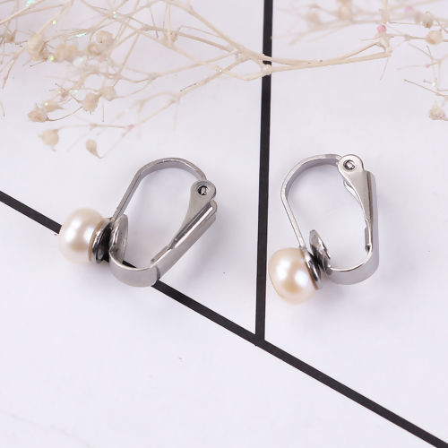 Immagine di 316 Perle di Acqua Dolce Clip Orecchio Tono Argento Champagne Pallido 17mm x 6mm, 1 Paio”