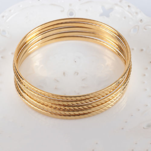 Image de Bracelets en 304 Acier Inoxydable Empilage Rond Rayées Doré 22.5cm 1 Kit(5 Pcs/Kit)
