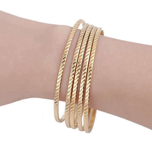 Image de Bracelets en 304 Acier Inoxydable Empilage Rond Rayées Doré 22.5cm 1 Kit(5 Pcs/Kit)