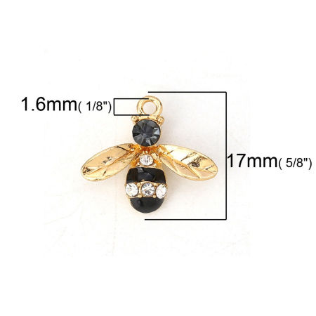 Picture of Zinc Based Alloy Charms Bee Animal Gold Plated Black Clear Rhinestone Enamel 17mm( 5/8") x 15mm( 5/8"), 10 PCs