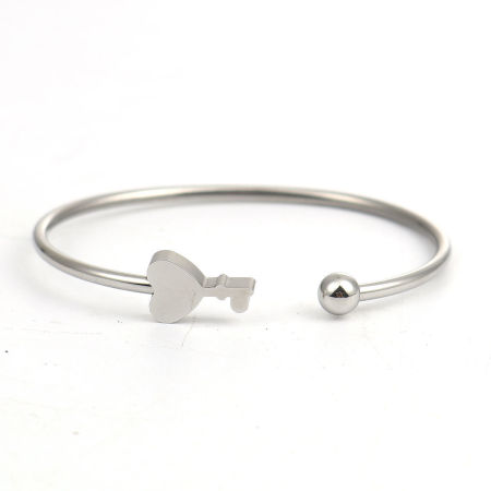 304 Edelstahl Offen Manschette Armreife Armband Silberfarbe Schlüssel Herz 17.5cm lang, 1 Stück
