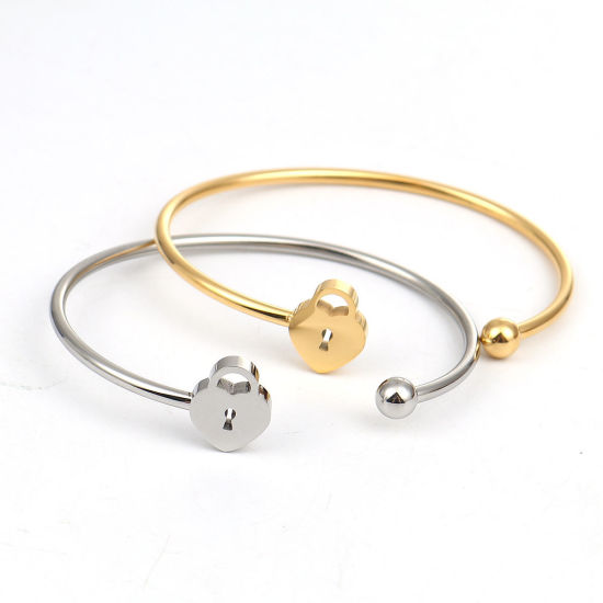 Immagine di 304 Acciaio Inossidabile Aprire Braccialetti Tono Argento Cuore Serratura 17cm Lunghezza, 1 Pz
