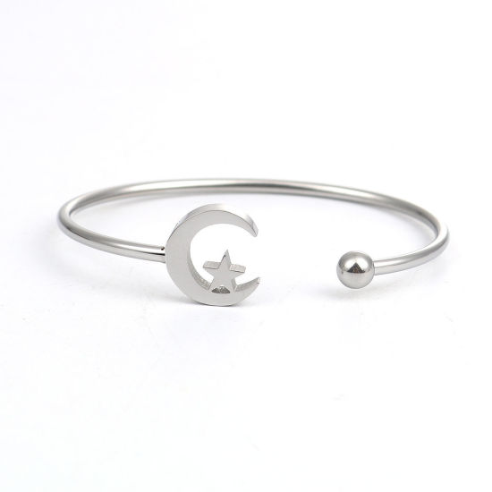 Immagine di 304 Acciaio Inossidabile Aprire Braccialetti Tono Argento Luna Stella 17.7cm Lunghezza, 1 Pz