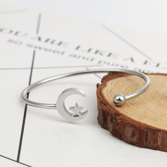 Immagine di 304 Acciaio Inossidabile Aprire Braccialetti Tono Argento Luna Stella 17.7cm Lunghezza, 1 Pz